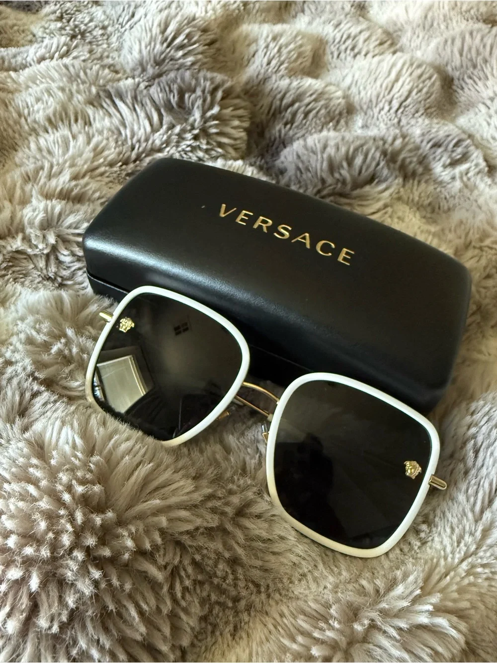 Versace White Frame Black Lens Sunglasses with Gold Accents